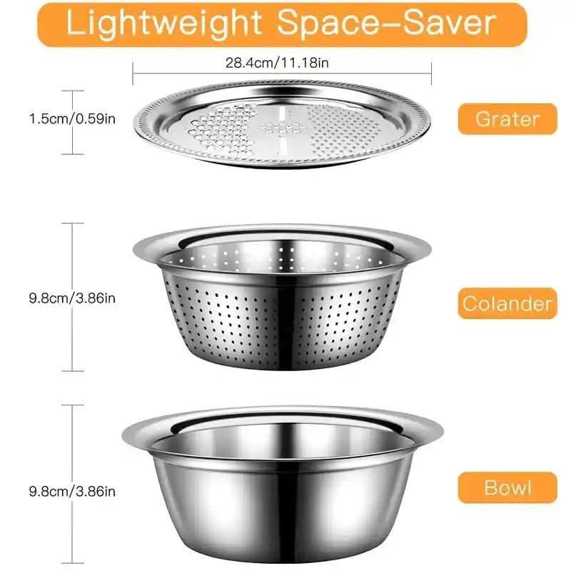 3 In 1 Multifunctional Stainless Steel Basin 🔥 🥕 Vegetable Cutter + 🧺 Drain Basket – সব একসাথে!